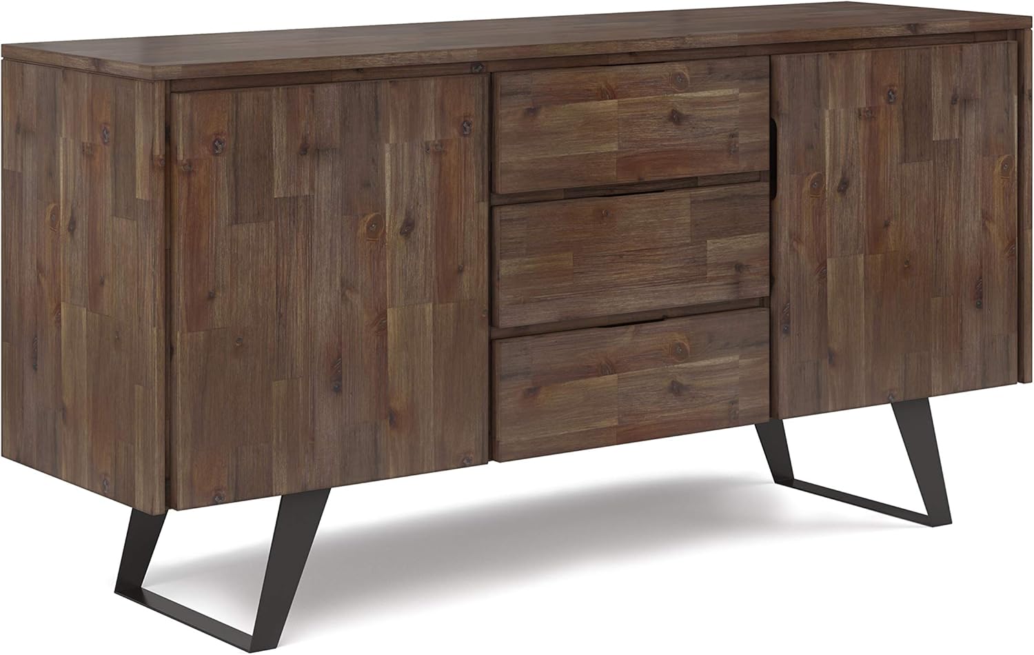 SIMPLIHOME Lowry Buffet - 60 inch Wide Solid Acacia Wood 3-Door Sideboard Buffet in Rustic Natural Aged Brown, Modern Industrial Cabinet for Dining Room with Metal Base and Adjustable Shelves