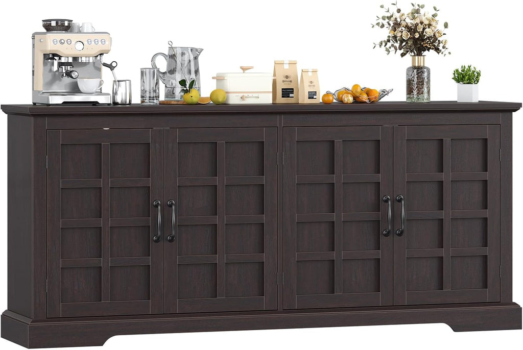 VVFLU 70" Sideboard Buffet Cabinet with Storage, Coffee Bar Cabinet with and 4 Doors, Long Wider Storage Cabinet Modern Farmhouse, Brown Wood, for Kitchen, Dining Room, Living Room