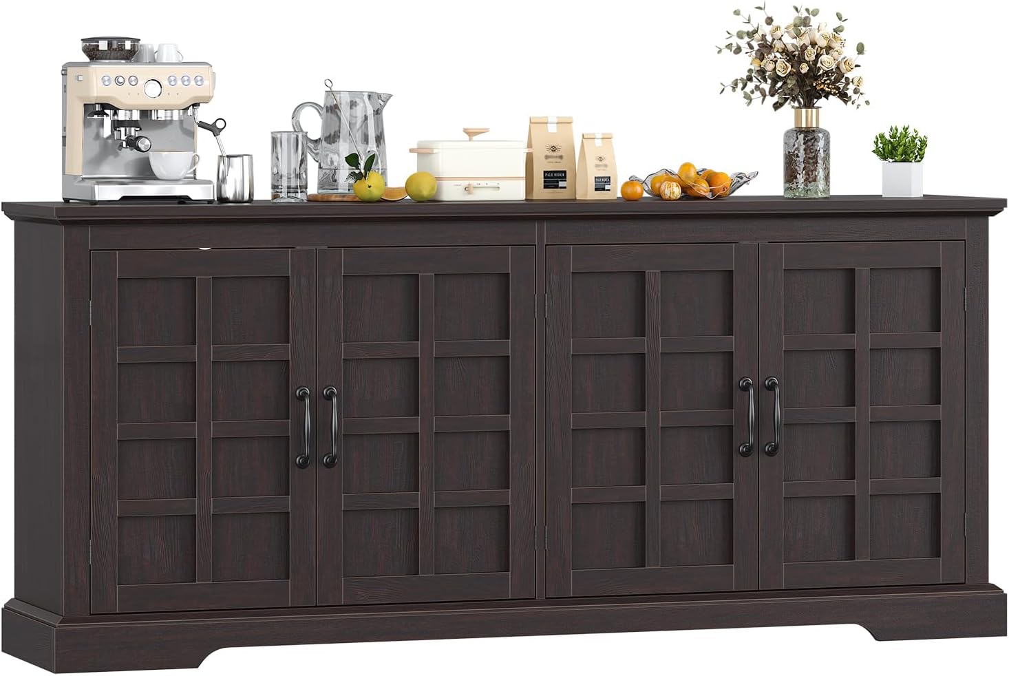 VVFLU 70" Sideboard Buffet Cabinet with Storage, Coffee Bar Cabinet with and 4 Doors, Long Wider Storage Cabinet Modern Farmhouse, Brown Wood, for Kitchen, Dining Room, Living Room