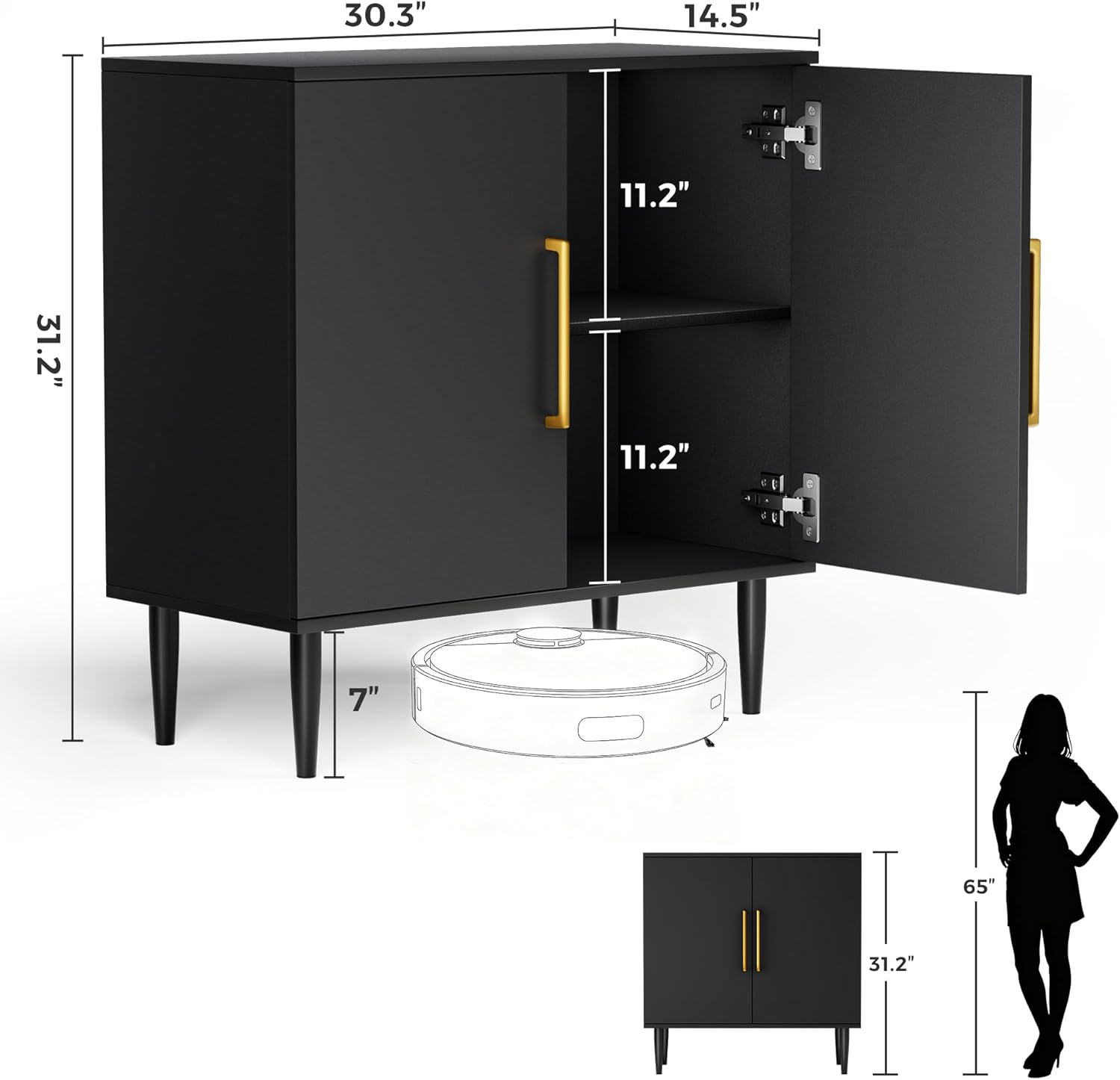 Vrullu Modern Storage Cabinet, Free Standing Buffet Cabinet, Black Sideboard and Buffet Storage, Wood Accent Furniture for Living Room, Hallway, Entryway, Dining Room (1, Black)