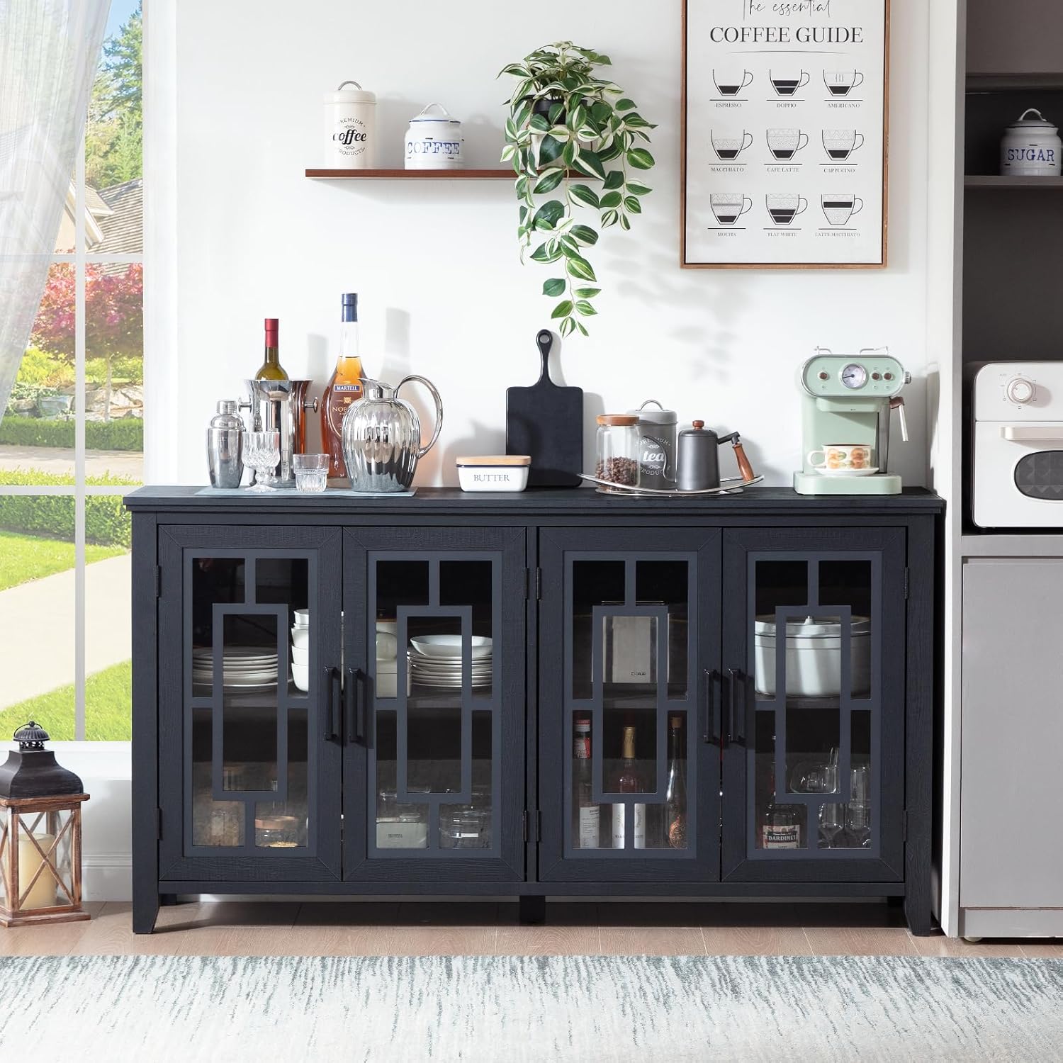 Joaxswe Large Sideboard Buffet Cabinet with Storage, 63" Black Farmhouse Kitchen Coffee Wine Bar Cabinet with 4 Glass Doors, Mid Century Modern Wooden Side Board Table for Dining Room, Living Room