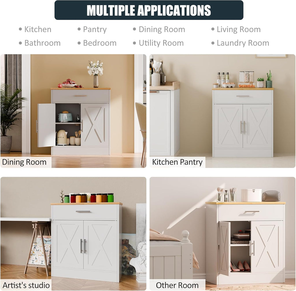 SUNLEI Sideboard Buffet Cabinet, Wooden Storage Cabinet with 2 Doors & 1 Drawers, Farmhouse Coffee Bar Cabinet with Storage for Living Room, Adjustable Shelf, White&Yellow