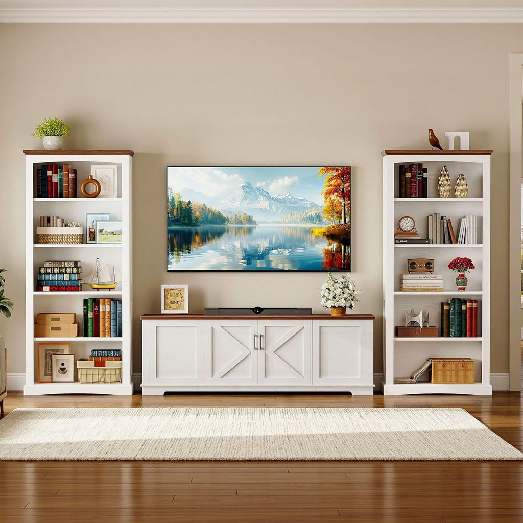 IRONCK 5 Tier Farmhouse Bookcase, 70.9" Tall White Bookshelf with Brown Top and Side Brace Panels, Large Open Display Storage Shelf for Living Room, Bedroom, Home Office, Entryway