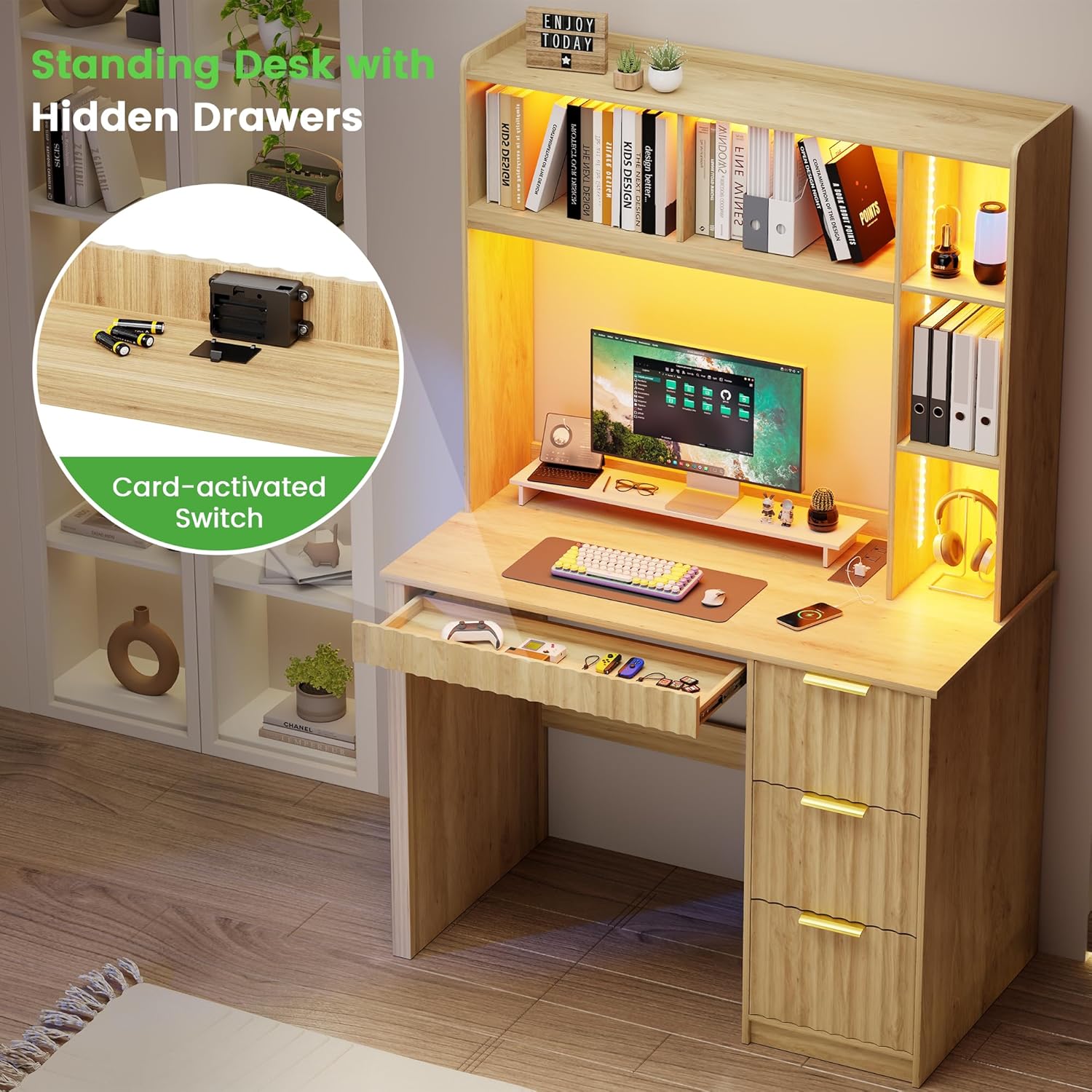 HNEBC Home Office Desk with Hutch and Drawers - 39" Standing Computer Desk with Charging Station&3 Color Lights,Hidden Compartment & Fluted Panel Design, LED Writing Desk for Bedroom, Study (Natural)