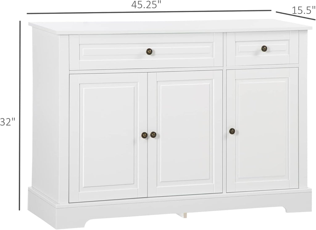 HOMCOM Sideboard Buffet Cabinet, Modern Buffet Cabinet with Storage and 2 Drawers, Coffee Bar Station with Adjustable Shelves for Kitchen, Entryway, White