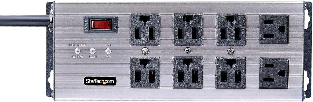 StarTech.com Flat Plug 8-Outlet Heavy Duty Industrial Power Strip 125V/15A with Surge Protector, EMI/RFI Isolation, Mountable PDU, 12ft/3.6m Extension Power Cord, NEMA 5-15P/R, TAA