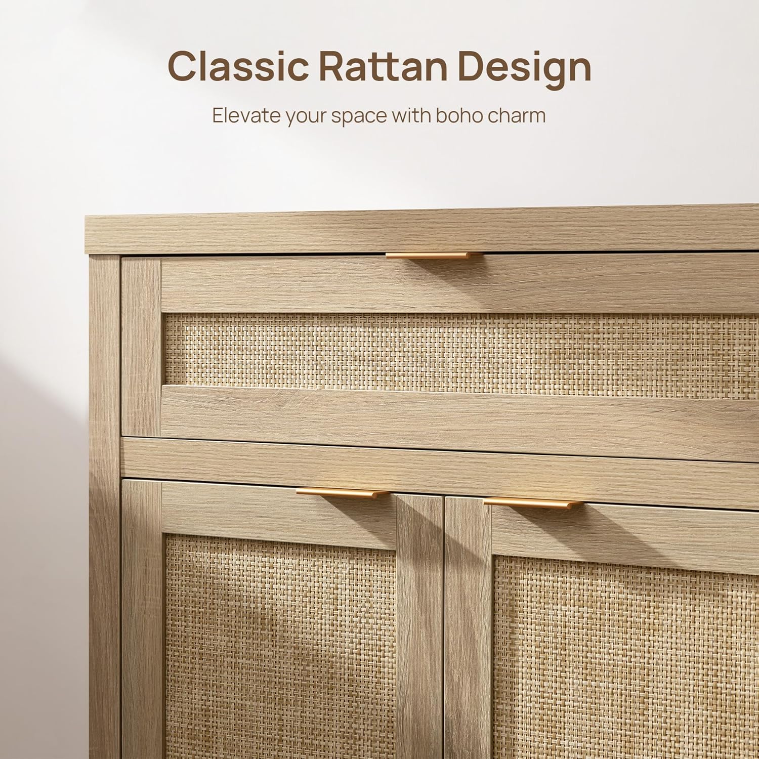 SICOTAS Sideboard Buffet Storage Cabinet Set of 2, Rattan Credenza Buffet Table, Boho Console Accent Cabinet with Doors and Drawer, Coffee Bar Cabinets for Kitchen Entryway Living Room, Natural