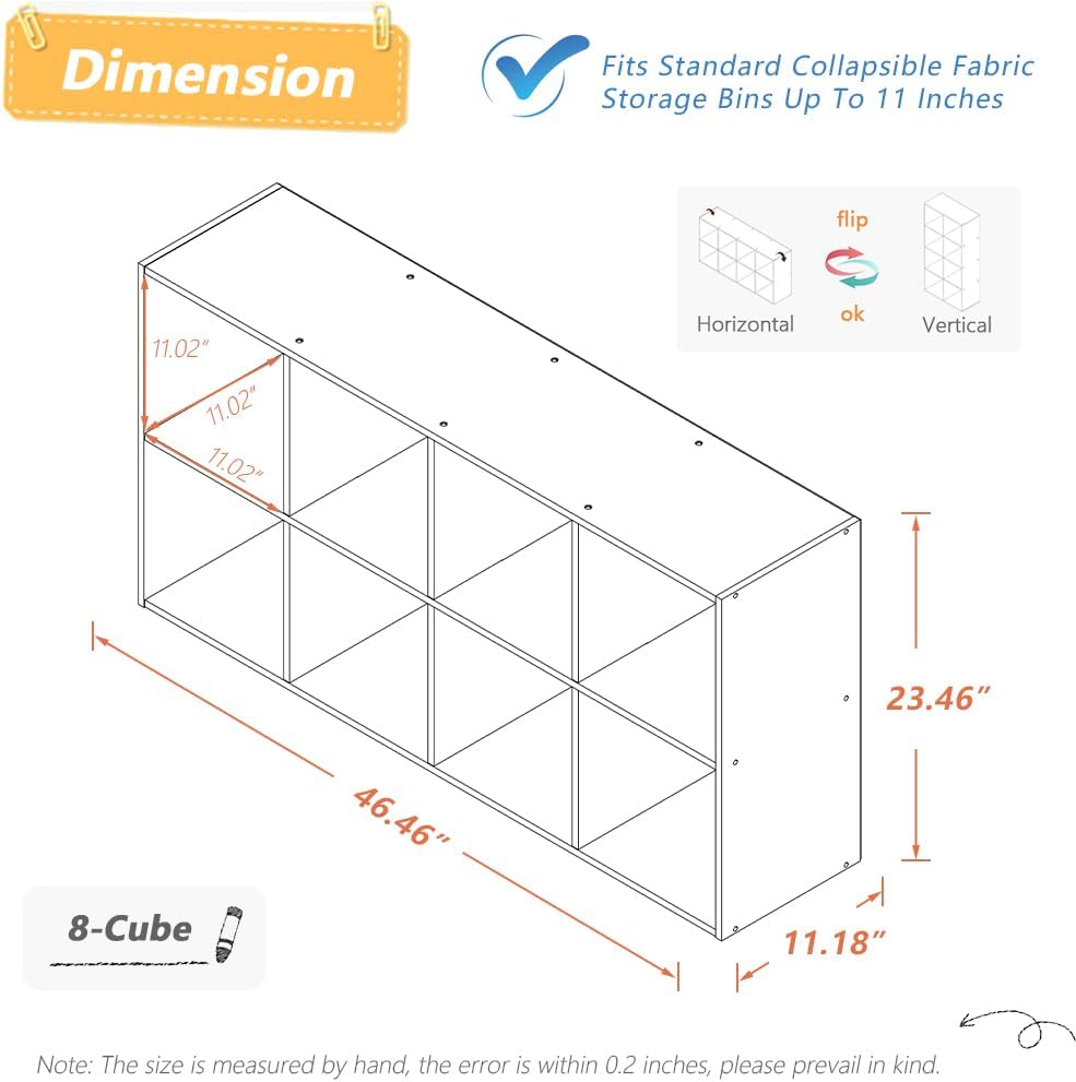 NELYE 8 Cube Organizer Bookcase - Fabric Storage Bins Container, Open Shelf Simple Compartments Bookshelf, White
