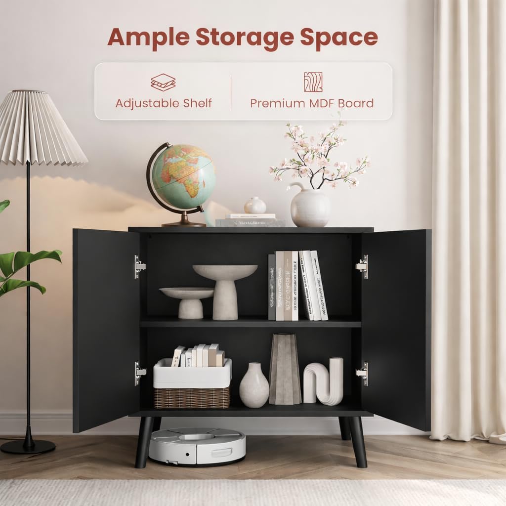 Pamapic Black Fluted Storage Cabinet, Sideboard Buffet with Doors and Shelf, Wooden Console Table & Credenza, Multifunctional Entryway Cabinet for Living Room, Dining Room (Black)