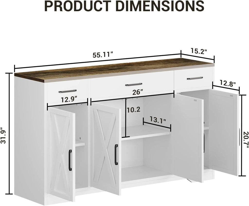 GAOMON Buffet Cabinet with Drawers, 55inch Wood Coffee Bar Large Sideboard Buffet Storage Cabinet with Shelves and Doors for Kitchen Dining Living Room,White/Rustic