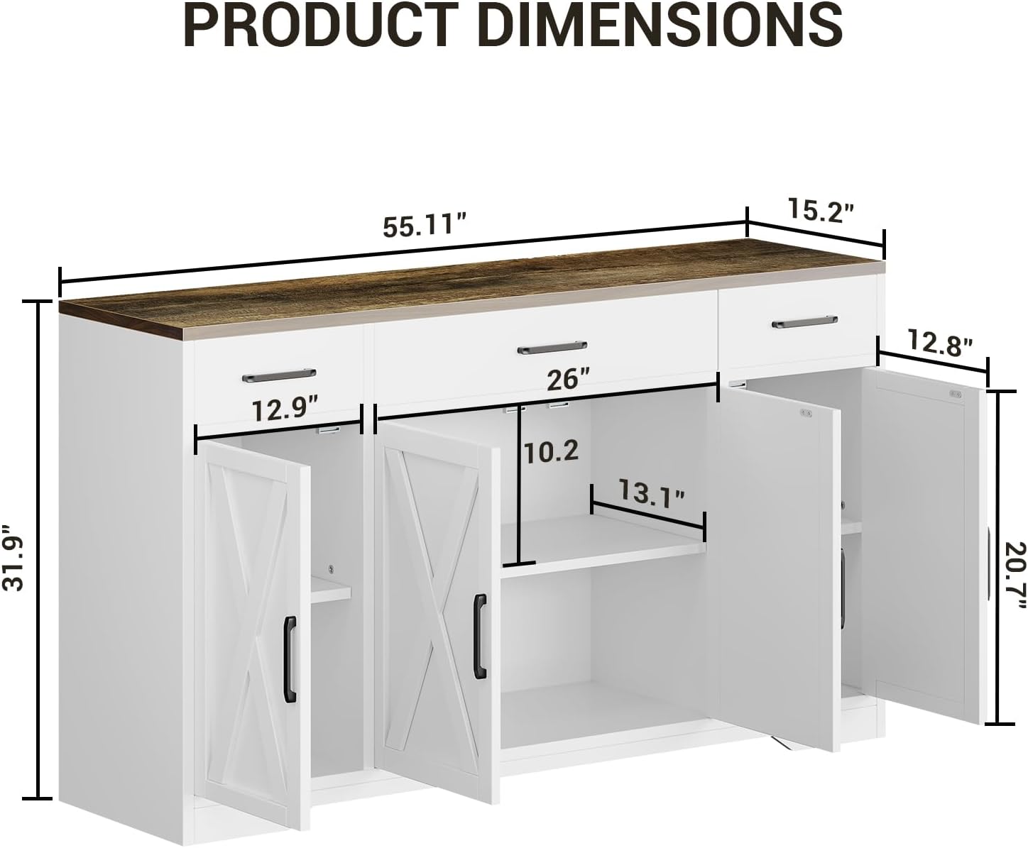 GAOMON Buffet Cabinet with Drawers, 55inch Wood Coffee Bar Large Sideboard Buffet Storage Cabinet with Shelves and Doors for Kitchen Dining Living Room,White/Rustic