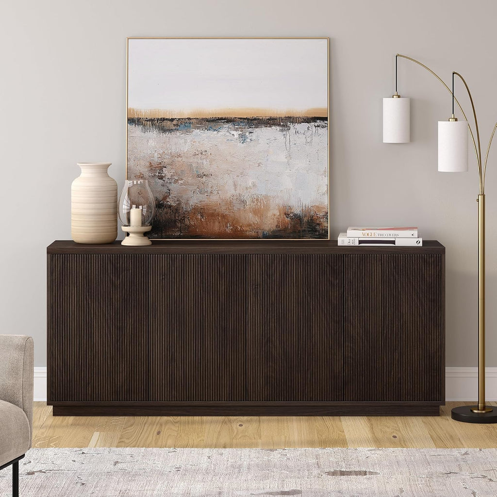 Henn&Hart 68" Fluted Sideboard Buffet Cabinet, Modern Ribbed Wooden Credenza with 4 Doors, Adjustable Shelves, and Cable Management Cut-Outs for Dining Room, Living Room or Entryway, Rich Brown