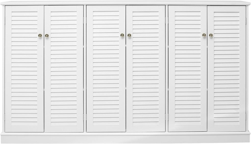 Farmhouse Sideboard Buffet Cabinet Storage, 63" W with 6 Shutter Door for Kitchen & Living Room Storage Cabinet, Wood Coffee Bar, White