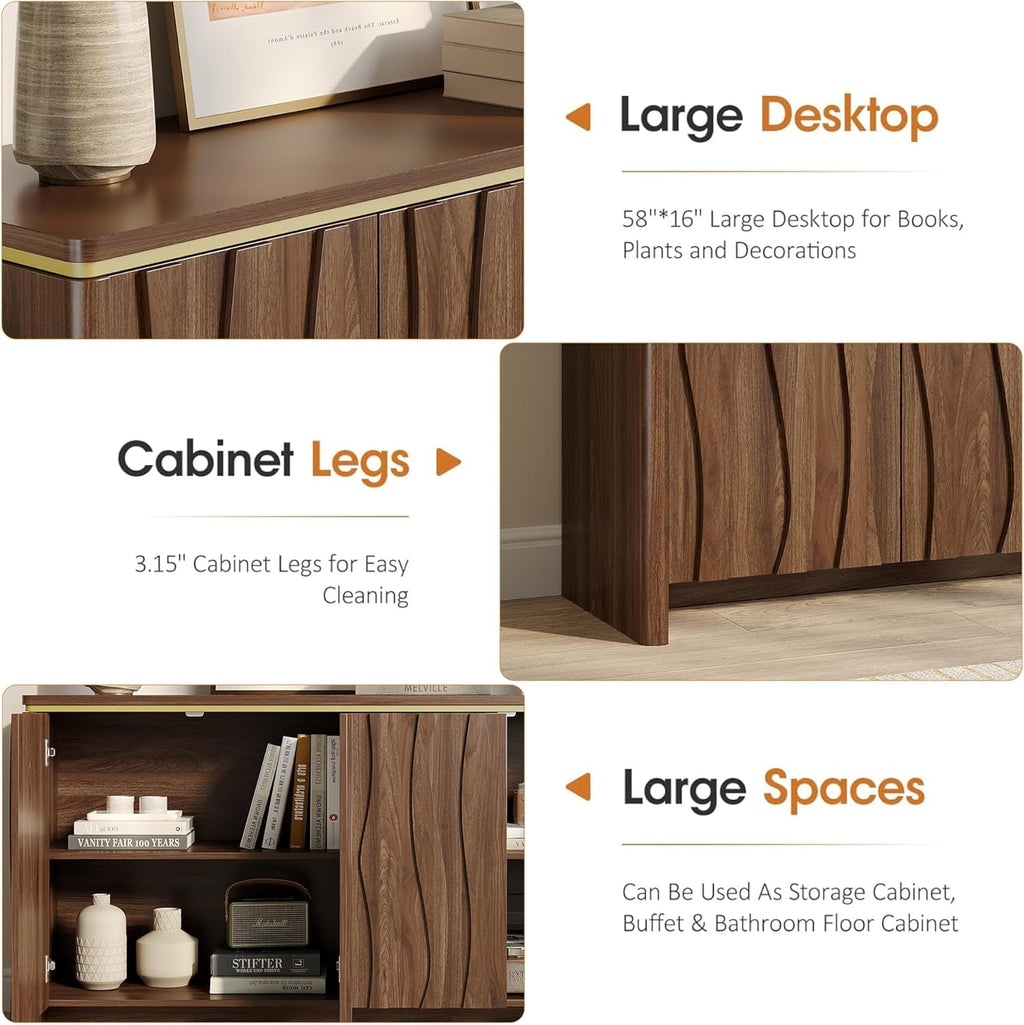 Vabches Fluted Buffet Cabinet with Storage, 3D Ripple Pattern Doors and Curved Edges, Modern Sideboard for Kitchen, Entryway, 4 Doors & Adjustable Shelf, Walnut, 57.9" W