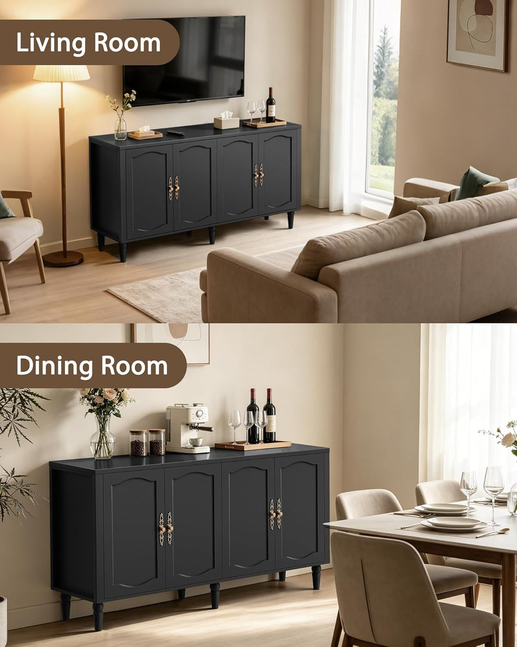 fineway 63" Sideboard Buffet Cabinet with Storage, Mid Century Modern Credenza with Adjustable Shelves & Carved Handles, Kitchen Buffet Table Large Coffee Bar for Dining Room & Living Room, Black