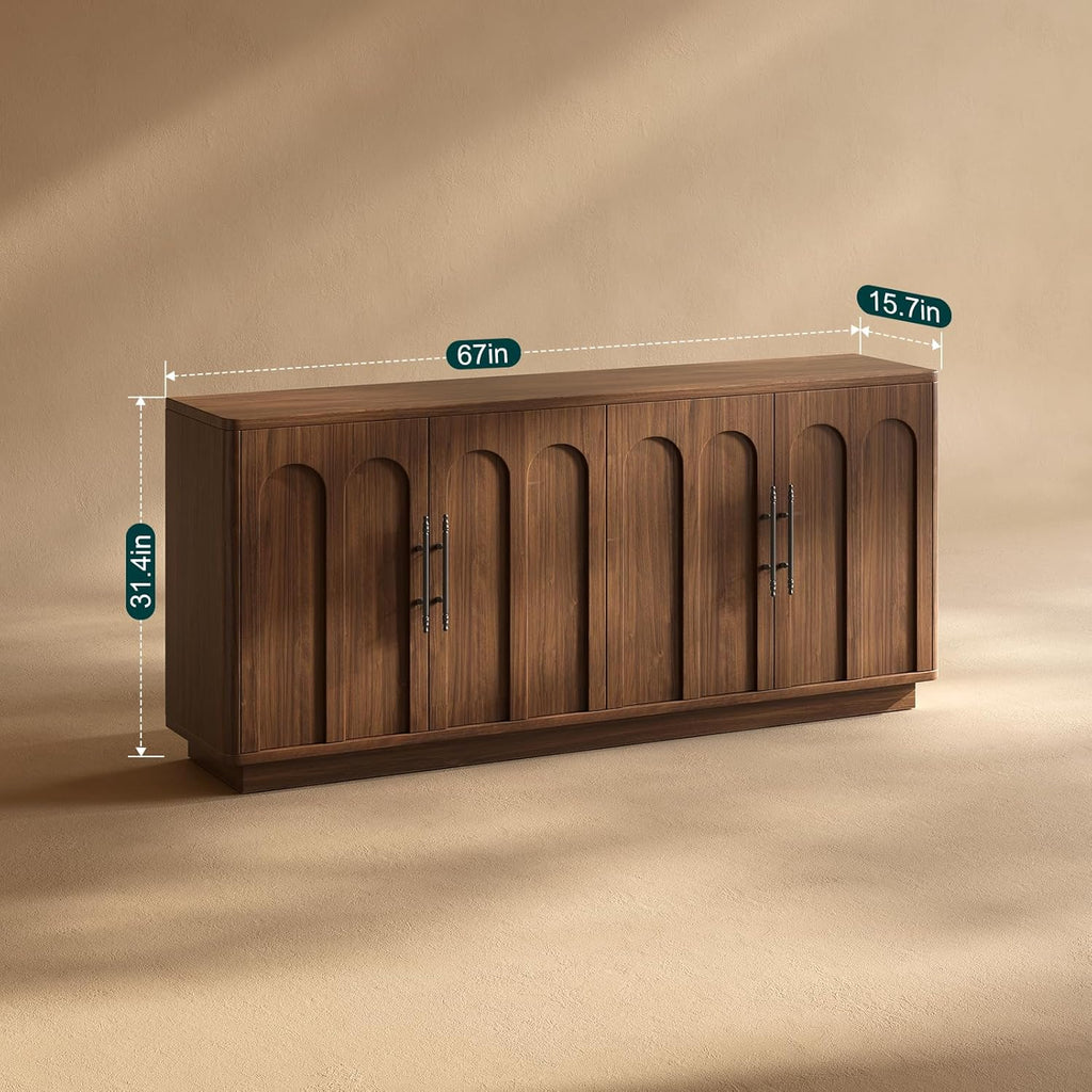 Evermagin 67" Arched Walnut Buffet Cabinet with Storage, Large Credenza with 4 Doors, Wood Mid Century Modern Sideboard for Kitchen and Living Room (67"*31.5"*15.7")