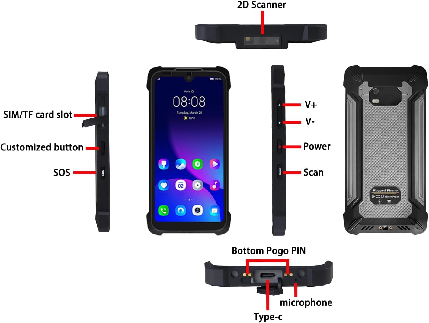 SM5-T Rugged Handheld Terminal w/2D Barcode Scanner, 5.7" Android 13 PDA with Docking Station, 8GB+128GB, 4G LTE/Wi-Fi 5/BT 5, IP68 Waterproof Mobile Computer (Grey, 8GB+128GB)
