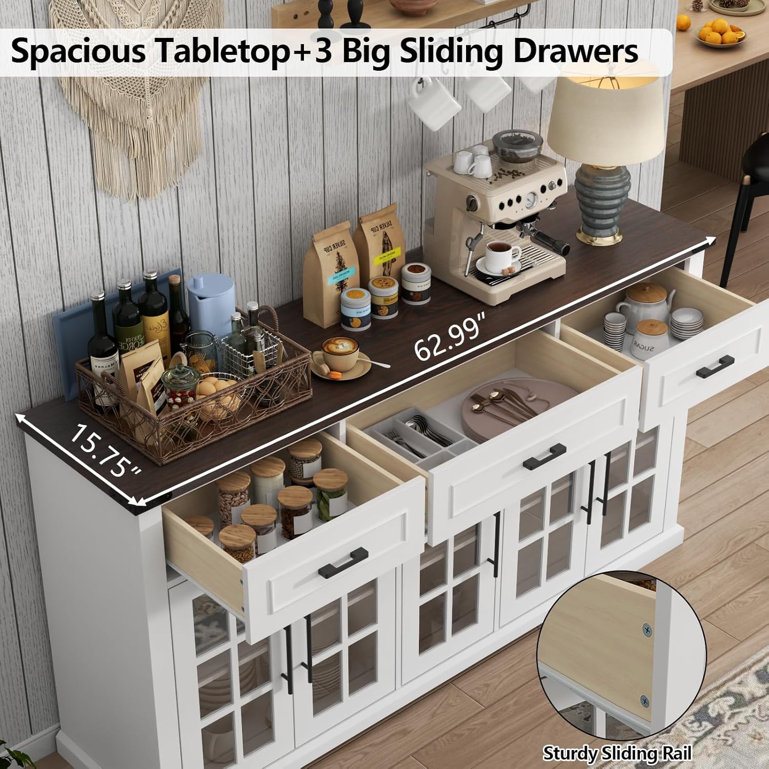 Gyfimoie 63" Sideboard Buffet Cabinet with Glass Doors, Farmhouse Large Buffet Table with 3 Storage Drawers, Modern Coffee Bar Wine Bar Cabinet with Adjustable Shelves for Kitchen, Dining Room, White