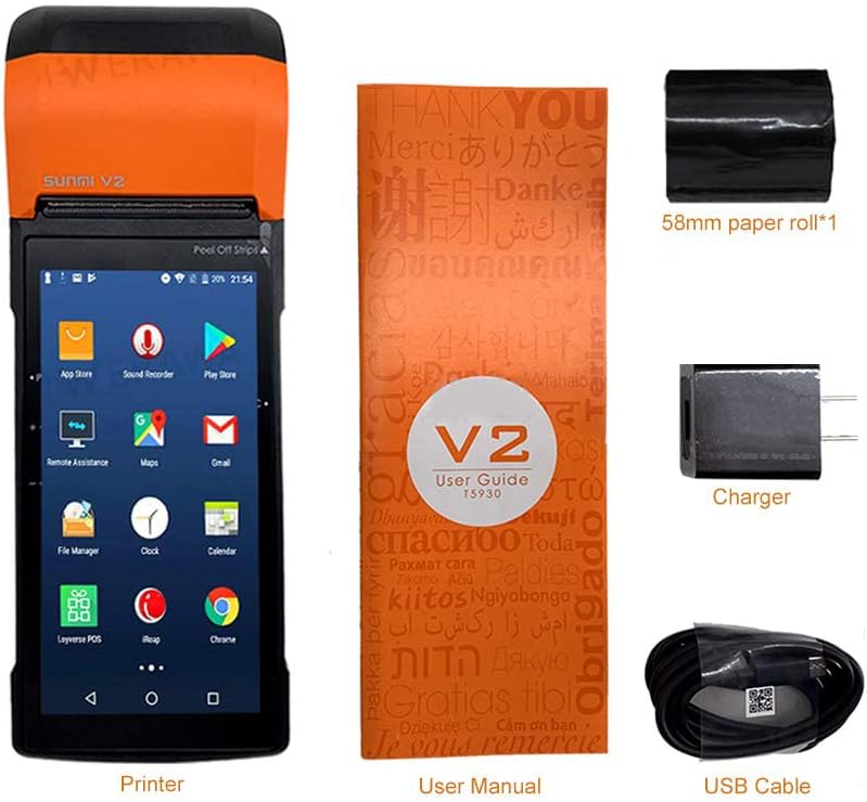 Mobile POS Printer SUNMI V2 POS Terminal with 58mm Thermal Receipt Printer, Speaker, Cam, Barcode Scanner in One Handheld PDA Printer, Compatible with Loyverse iREAP CashStock for Sales Retail Print