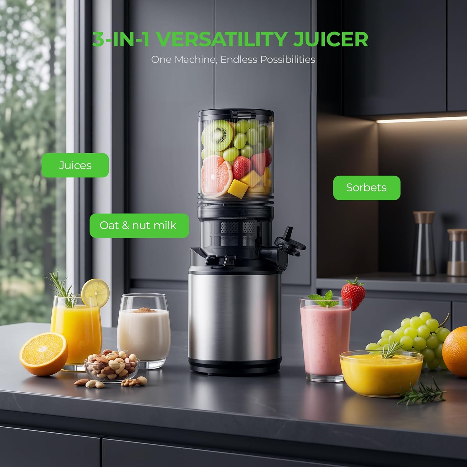 Juicer Machines, Cold Press Juicer with Wide Feed Chute, 3-in-1 Slow Masticating Juicer, Juice, Nut Milk & Sorbet Maker, BPA-Free, High Juice Yield for Whole Fruits & Vegetables Easy to Clean