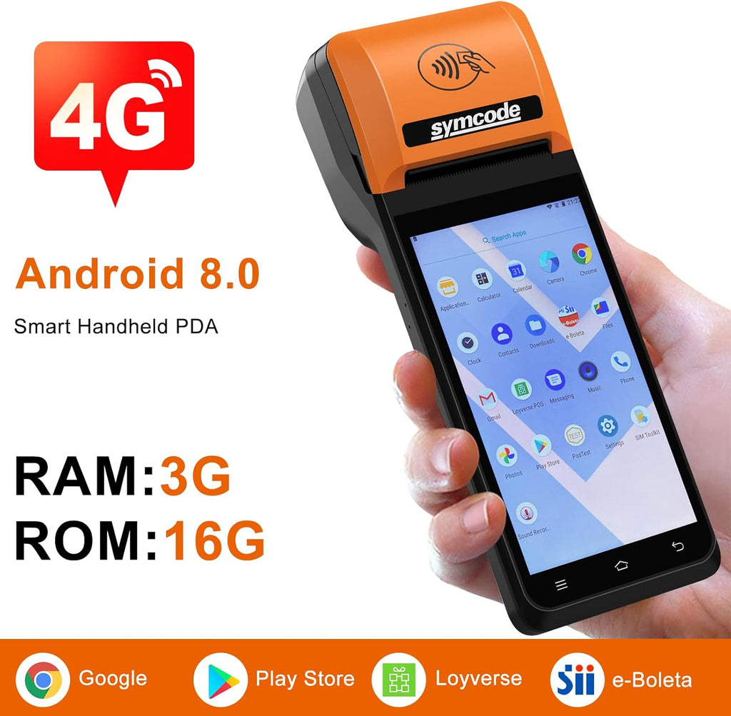 symcode POS PDA Thermal Receipt Printer,1D 2D Barcode Scanner Handheld PDA Printer Mobile POS Machine 5.5" Touch Screen 58mm Thermal Printer Android 8.1 Support 4G WiFi Bluetooth and NFC