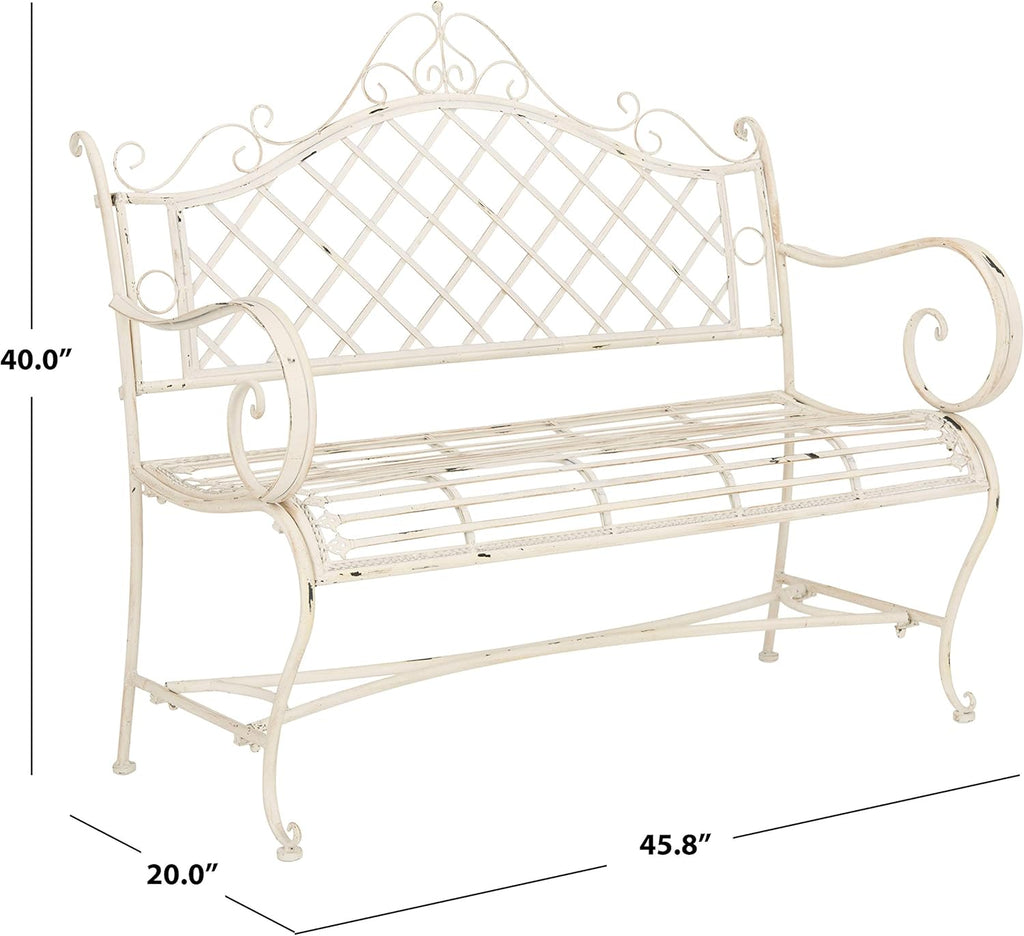 SAFAVIEH Outdoor - Abner Outdoor Iron Garden Bench - Antique White - Scrollwork Design - Ideal for Patio, Deck, Porch, Garden, 17" Seat Height (PAT5017A)