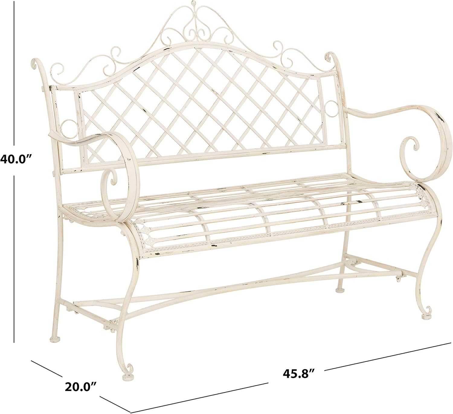 SAFAVIEH Outdoor - Abner Outdoor Iron Garden Bench - Antique White - Scrollwork Design - Ideal for Patio, Deck, Porch, Garden, 17" Seat Height (PAT5017A)