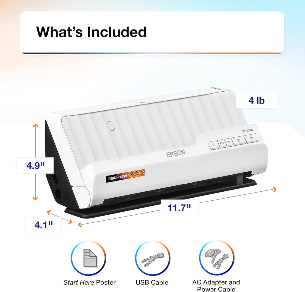 Epson RapidReceipt RR-400W Wireless Compact Desktop Color 2-Sided Receipt & Document Scanner with ScanSmart AI PRO Receipt Management & PDF Software & 20-Page Auto Document Feeder (Renewed)