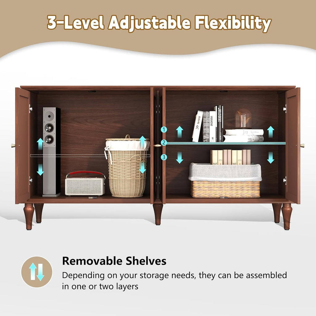 ARTPOWER Sideboard Buffet Cabinet with Storage, 58'' Mid-Century Modern Storage Cabinet with 4 Doors and Adjustable Shelves, Accent Style Sideboard for Entryway, Dining Room, Living Room, Brown