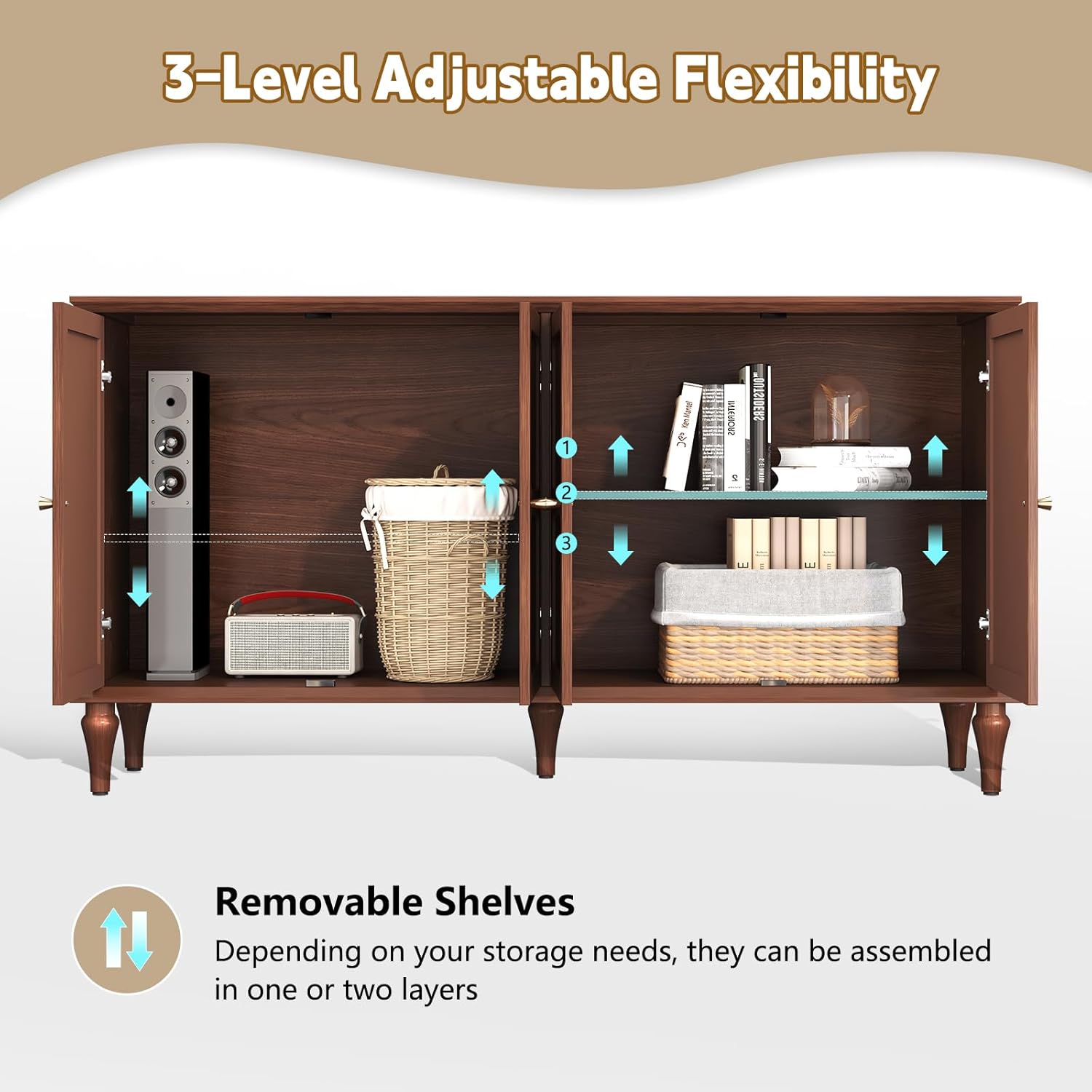 ARTPOWER Sideboard Buffet Cabinet with Storage, 58'' Mid-Century Modern Storage Cabinet with 4 Doors and Adjustable Shelves, Accent Style Sideboard for Entryway, Dining Room, Living Room, Brown