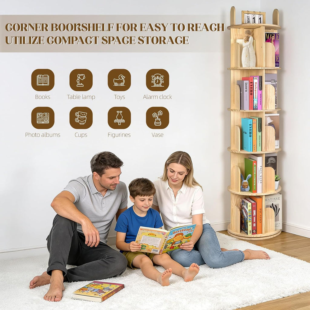 Kryonix Rotating Bookshelf, Solid Pine Wood Spinning Bookshelf Tower 5 Tier, 360° Revolving Bookcase for Kids, Multi-Functiona Corner Round Turning Book Shelf Organizer for Small Spaces
