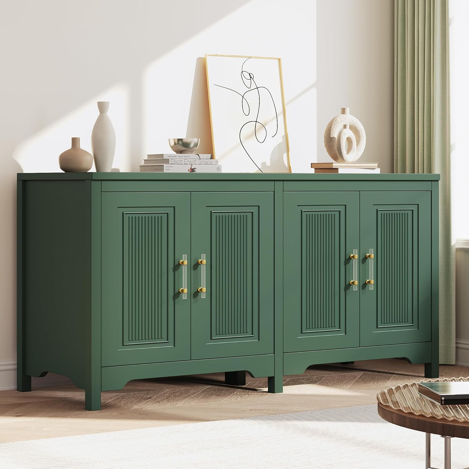 Jocoevol 55" Buffet Cabinet with Storage, Modern Fluted Door Design Sideboard Buffet Cabinet with Adjustable Shelf, Coffee Bar Station for Kitchen, Dining Room, Green