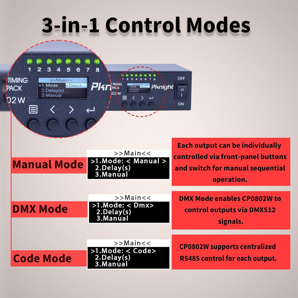 Pknight Pknight 2.4G Wireless WiFi & RS485 8-Outlet Smart PDU DMX Relay – Programmable Power Sequencer with DMX512 Control, Rack-Mount Power Distribution Unit for Home & Studio
