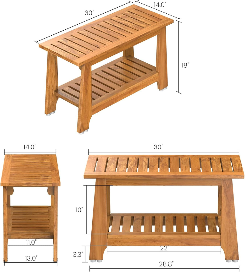 NNN 30" Commercial Teak Shower Bench - 8 Non-Slip Leveling Feet & 350 lbs Capacity | Rock-Solid Stability for Seniors & Spa Safety | Waterproof Design for Saunas/Outdoor Pools (Patented)