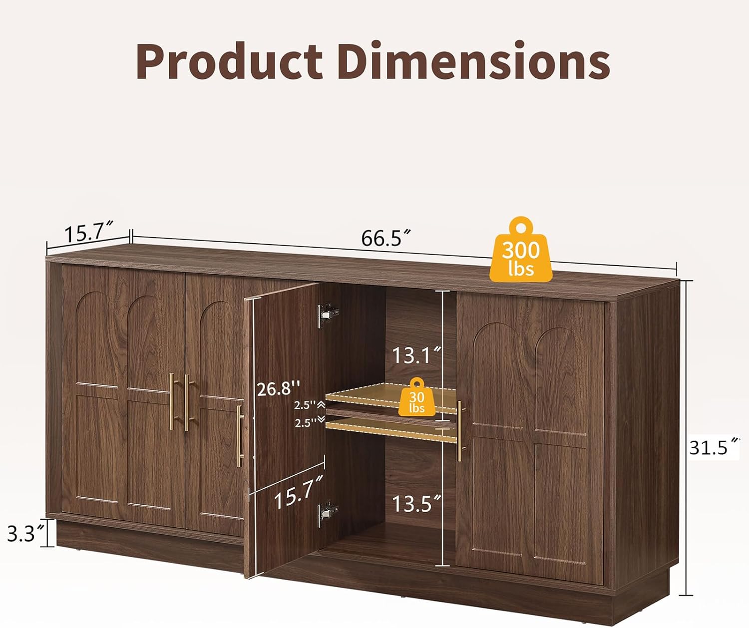 66.5" Sideboard Buffet Cabinet with Storage, Modern Credenza with Arched Doors, Large Wood Accent Cabinet for Living Room Entryway (Walnut)