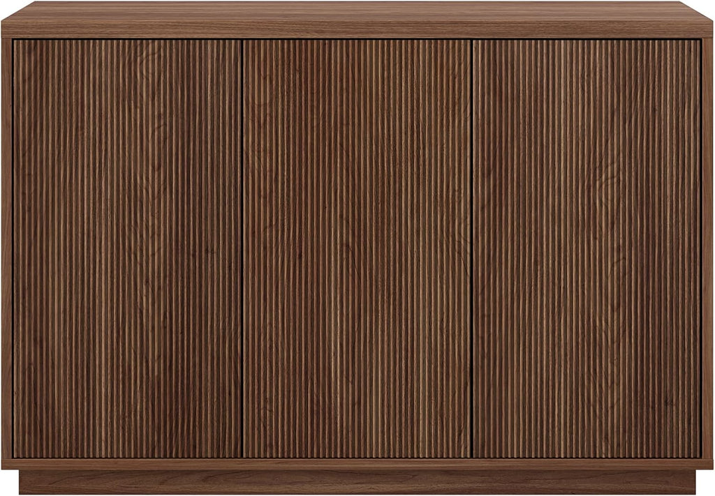 Henn&Hart 47.5'' Fluted Sideboard Buffet Cabinet, Ribbed Modern Wooden Credenza with 3 Doors, Adjustable Shelves, and Cable Management Cut-Outs for Dining Room, Kitchen or Living Room, Satin Walnut