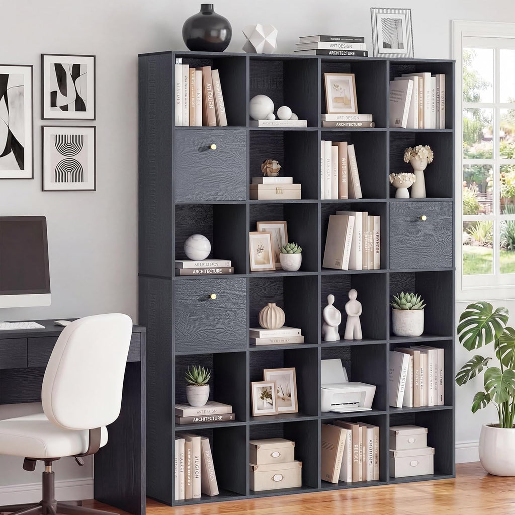 Modern Cube Storage Organizer, 24 Open Shelves Bookcase with 3 Storage Bins, Black Book Case with Wood Grain, Freestanding Shelf for Bedroom, Living Room, Home Office, Library, Wooden Large Book Shelf
