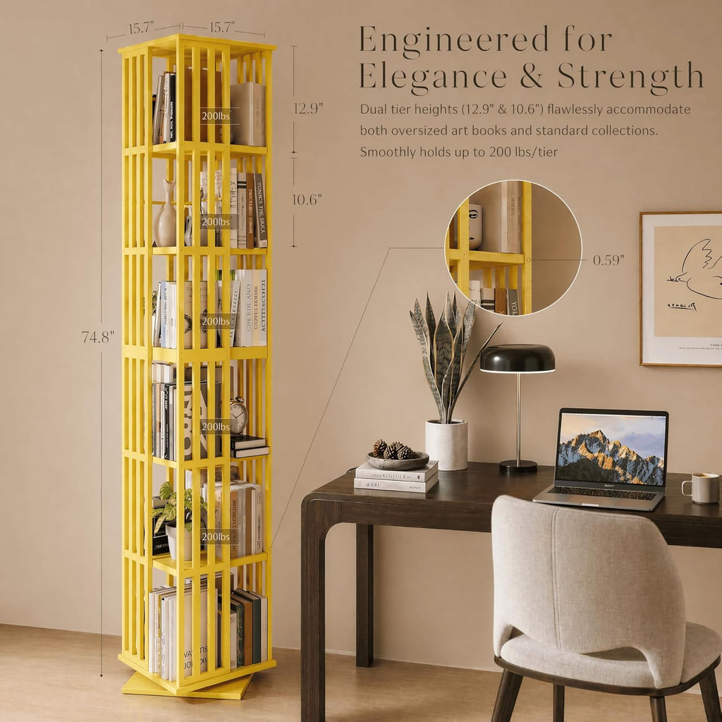 Lauxery Rotating Bookshelf Tower– 6 Tier 360° Spinning Bookshelf | Space-Saving Floor Standing Bamboo Revolving Bookcase for Small Space, Home Offices & Reading Corners | Gold