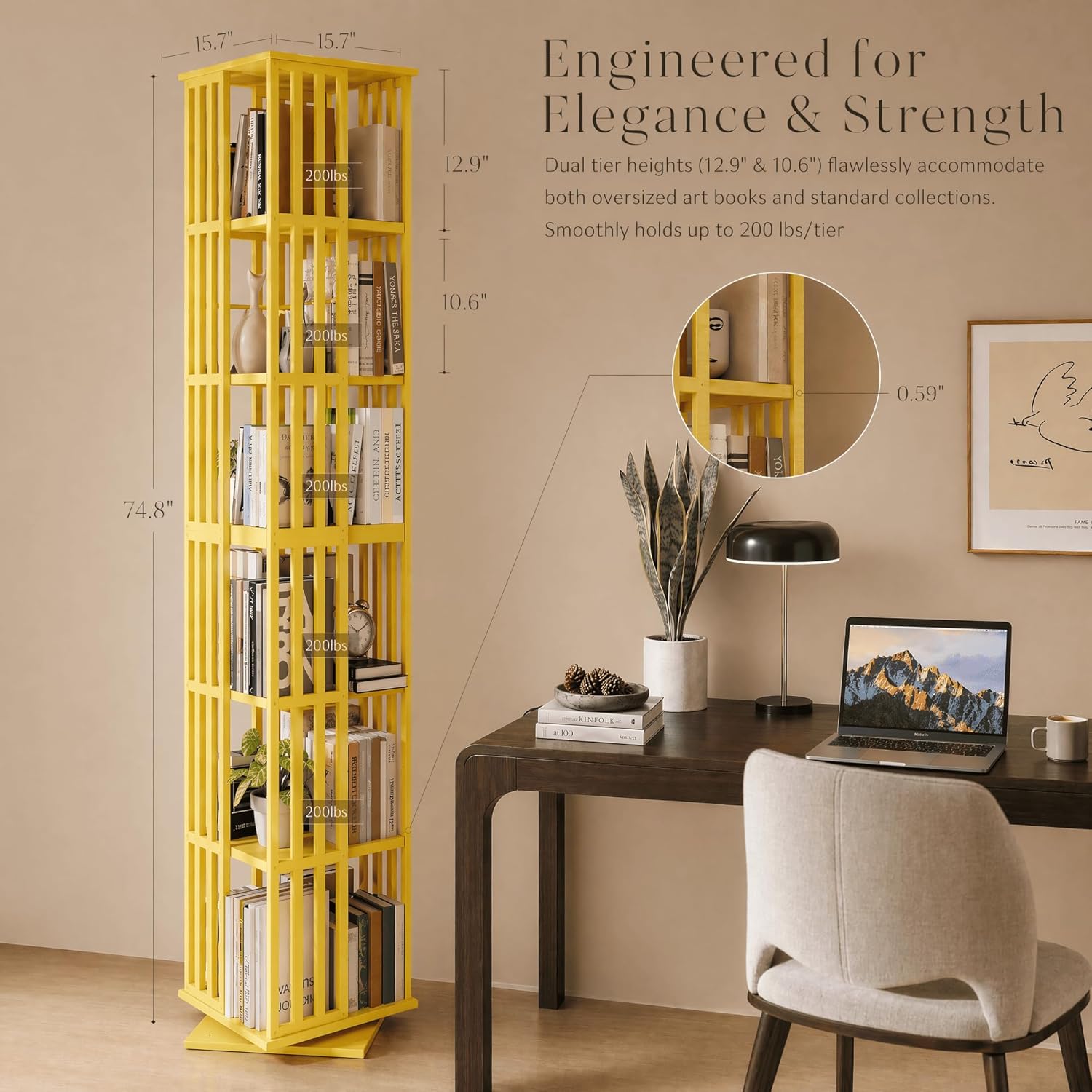 Lauxery Rotating Bookshelf Tower– 6 Tier 360° Spinning Bookshelf | Space-Saving Floor Standing Bamboo Revolving Bookcase for Small Space, Home Offices & Reading Corners | Gold