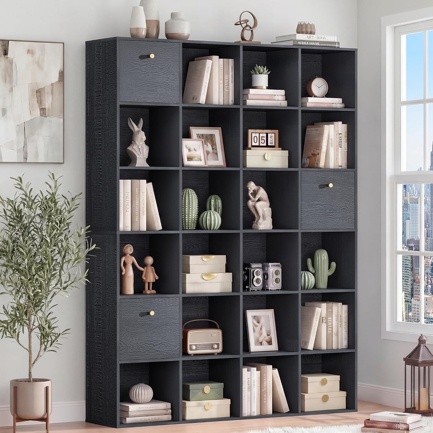 Modern Cube Storage Organizer, 24 Open Shelves Bookcase with 3 Storage Bins, Black Book Case with Wood Grain, Freestanding Shelf for Bedroom, Living Room, Home Office, Library, Wooden Large Book Shelf