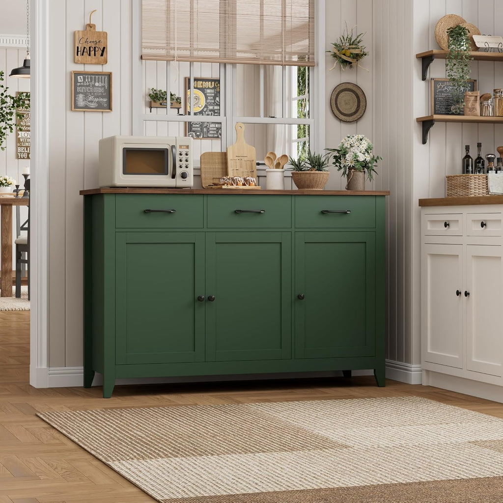 HORSTORS 47" Buffet Cabinet with Storage, Kitchen Buffet Table with Drawers, Modern Farmhouse Coffee Bar Storage Cabinet with Adjustable Shelf, Wood Sideboard for Dining Room, Kitchen, Entryway, Green