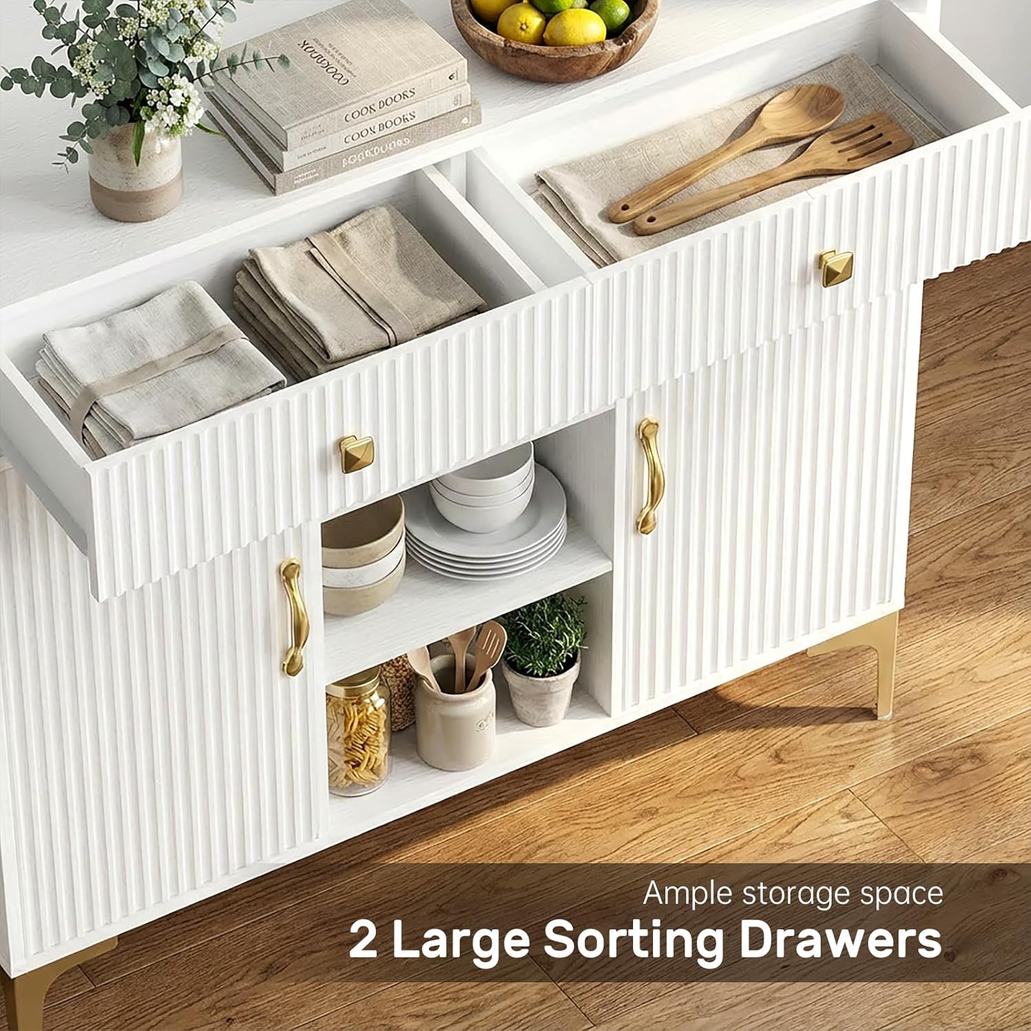 Sideboard Buffet Cabinet with Adjustable Shelves, Modern Storage Cabinet with Drawers and Doors, White Kitchen Buffet for Dining Room, Living Room, Entryway, 39.4 Inch