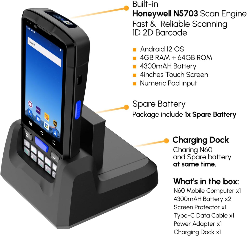Rayoungtek Android Barcode Scanner Built-in HW N5703 1D/2D/QR Scan Engine, NFC Reader, Rugged Android 12 4G WiFi Wireless Handheld Moible Computer PDA Data Terminal with Charge Dock