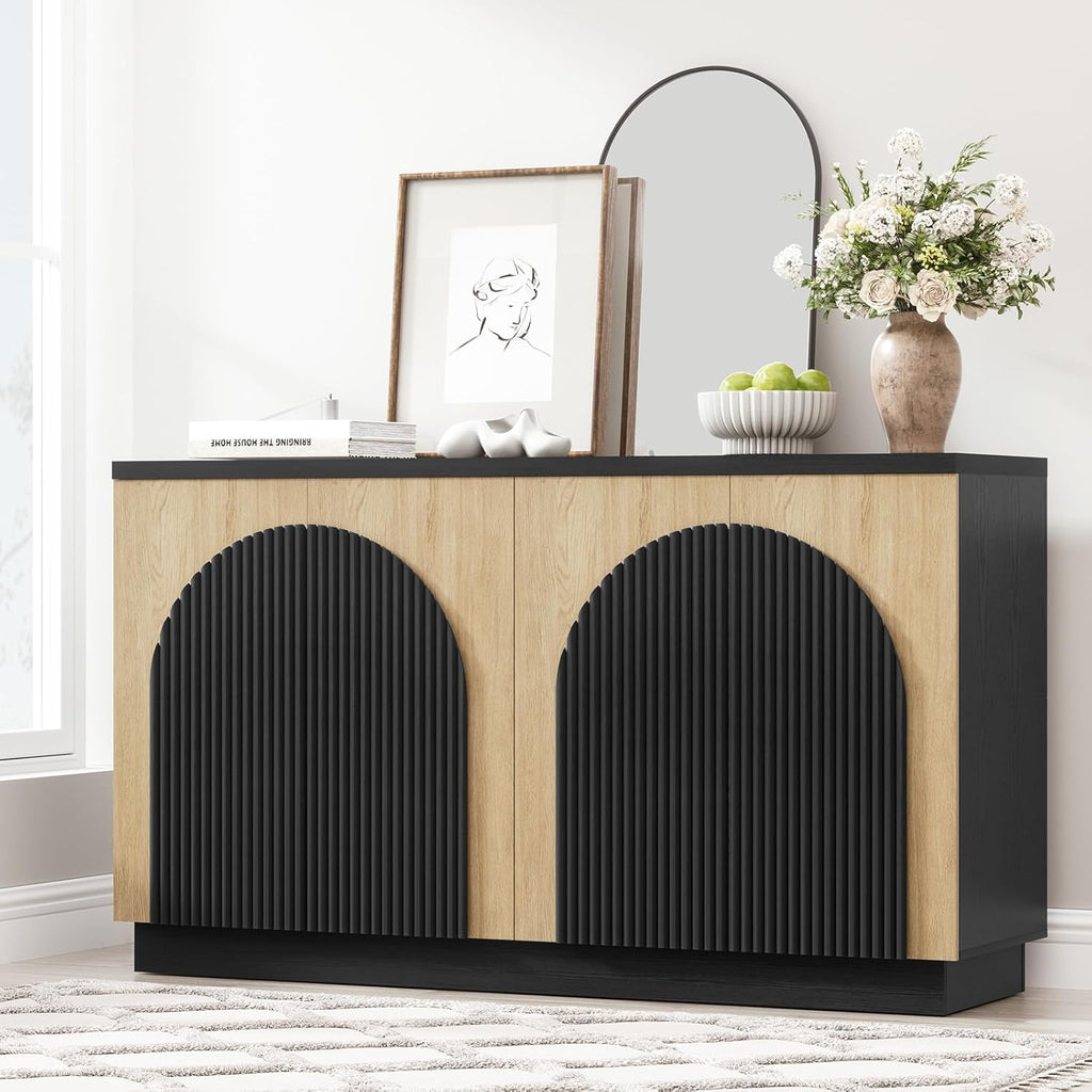 Yechen 55 Inch Fluted Sideboard Buffet Cabinet with Arched Reeded Doors, Modern Mid Century Credenza Accent Storage Cabinet with Adjustable Shelves for Living Room, Dining Room or Kitchen