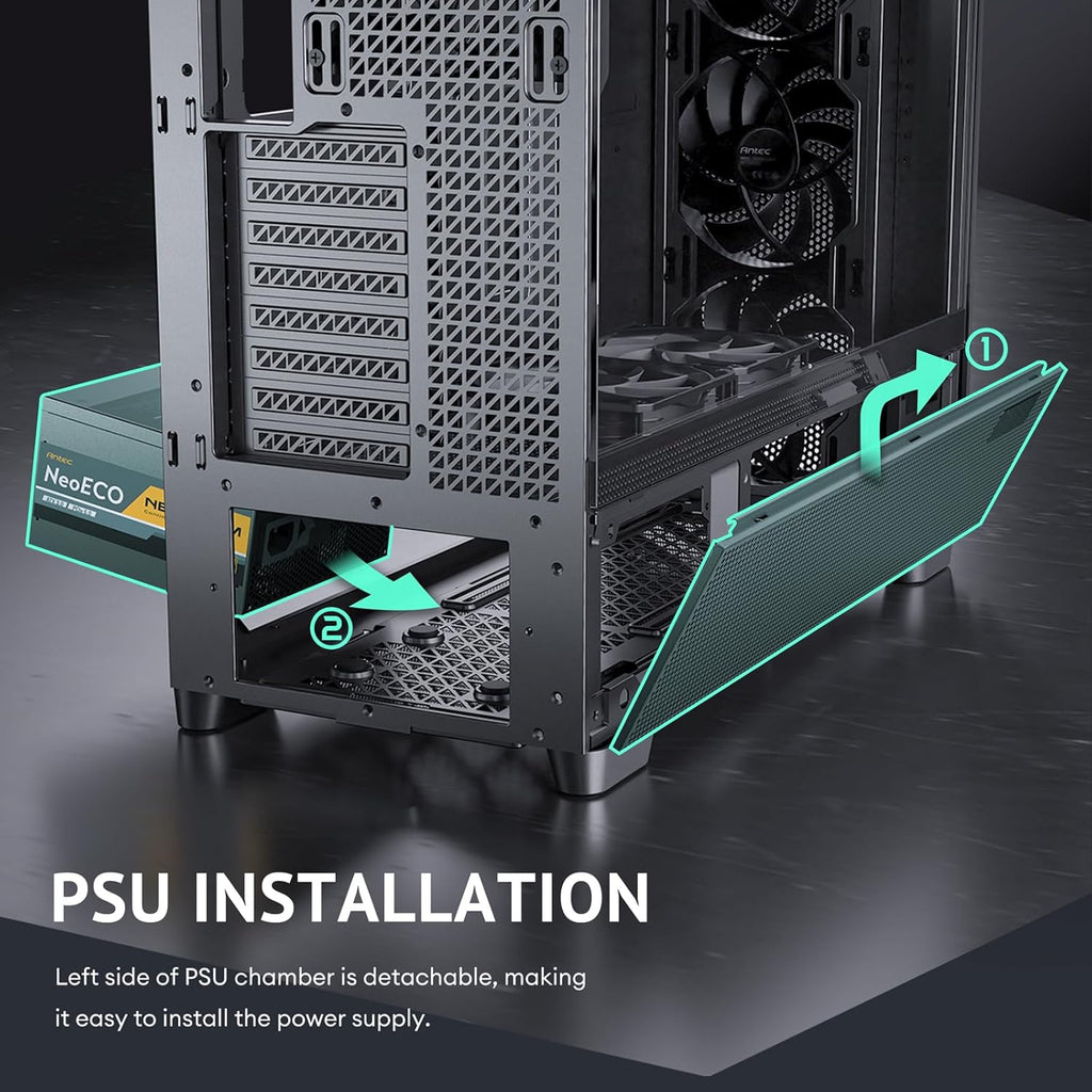 Antec Flux Pro, 6 x PWM Fans Included, High-Airflow Front Panel with Walnut Wood, iShift PSU 90° Mount, USB3.0 x 2, Type-C, 420mm Radiator Support, Temp. Display, Full-Tower E-ATX PC Case