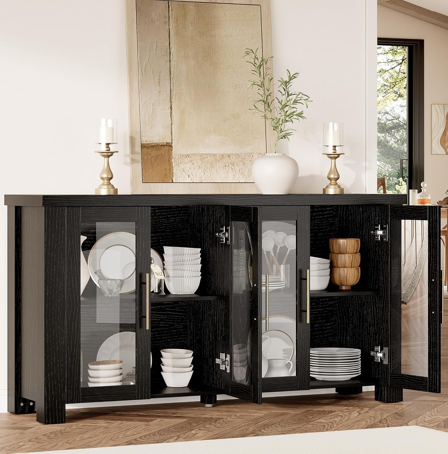 IDEALHOUSE Modern 59" Buffet Cabinet with Tempered Glass Panel Doors, Multifunctional Wood Sideboard Credenza for Home Living, Kitchen & Dining Spaces
