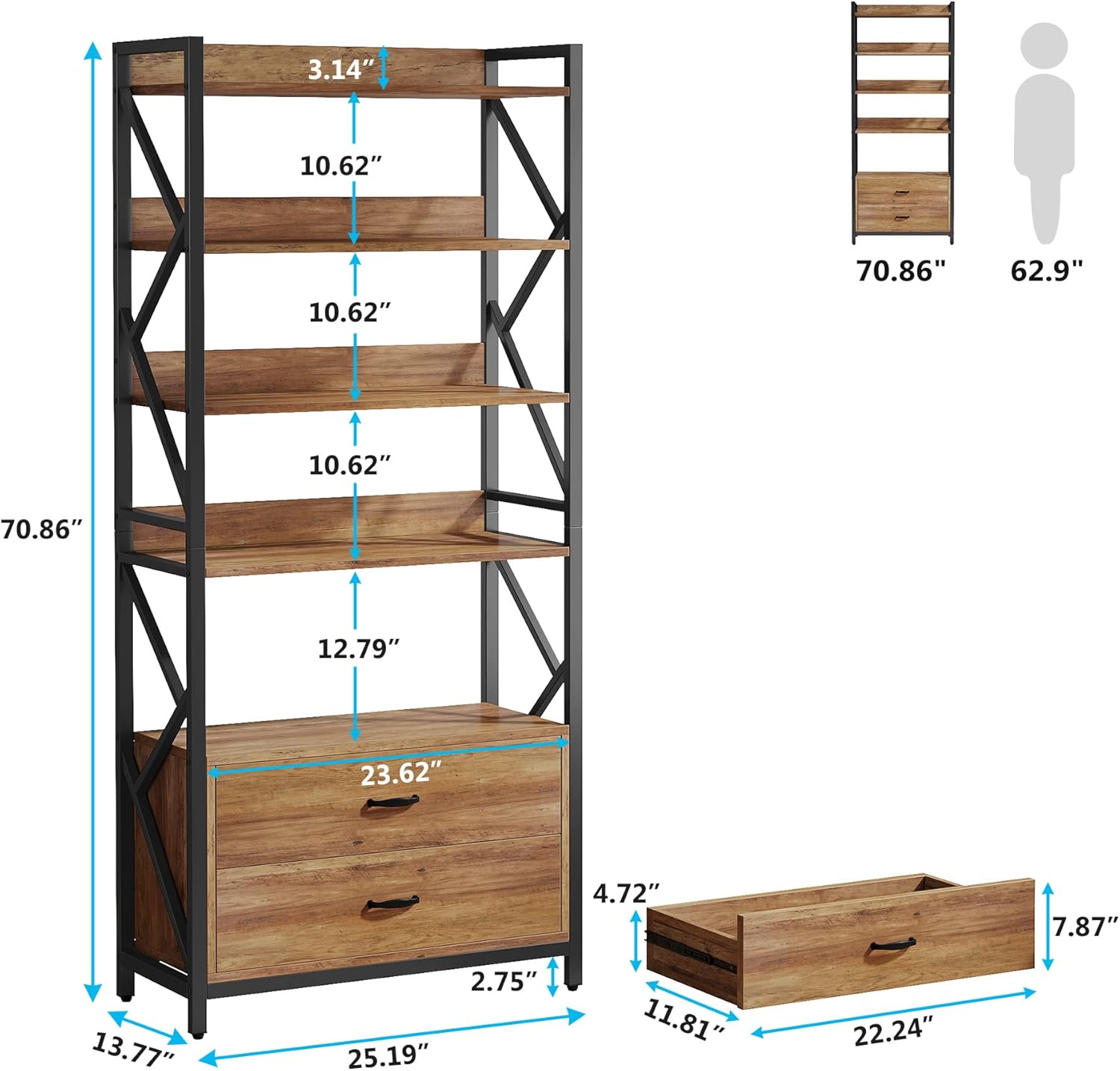 Tribesigns Bookshelf with Drawers, 70.8" Industrial Bookcase with 2 Drawers, 5 Shelf Open Shelf for Storage, Wood Book Shelf for Living Room, Bedroom, Home, Office (1, Rustic Brown)