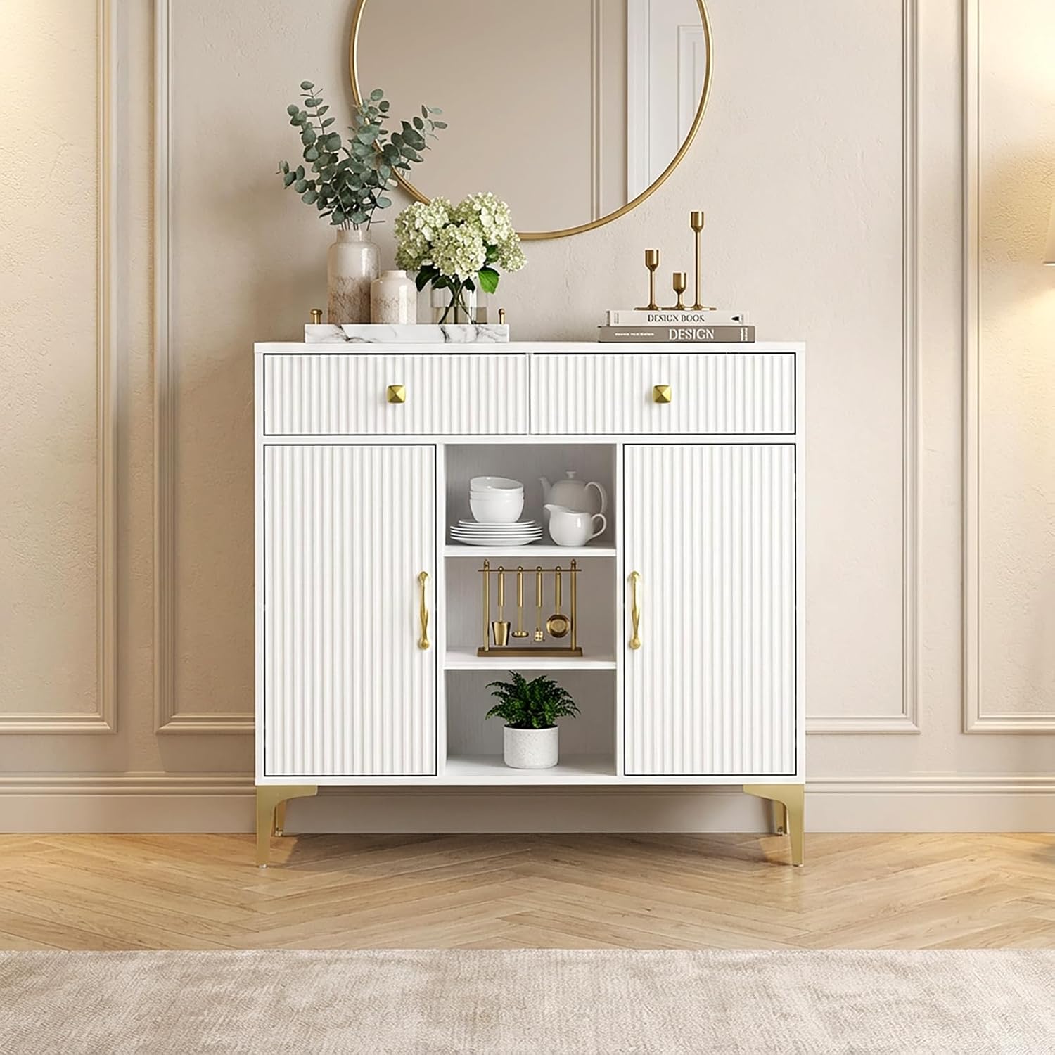 Sideboard Buffet Cabinet with Adjustable Shelves, Modern Storage Cabinet with Drawers and Doors, White Kitchen Buffet for Dining Room, Living Room, Entryway, 39.4 Inch
