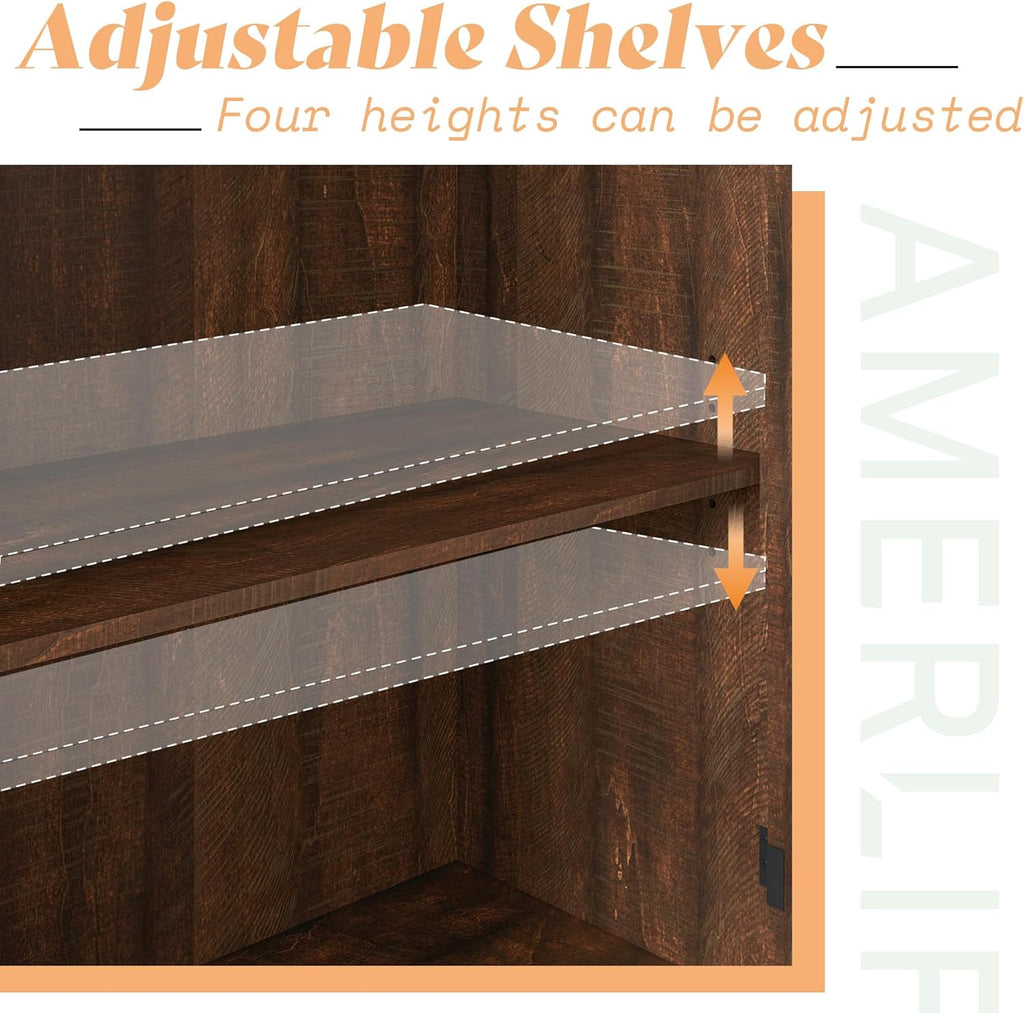 AMERLIFE Farmhouse 63" Buffet Sideboard Cabinet with Glass Door, Large Storage Cabinet with Adjustable Shelf, Wooden Coffee Bar Station for Kitchen, Dinning Room, Brown
