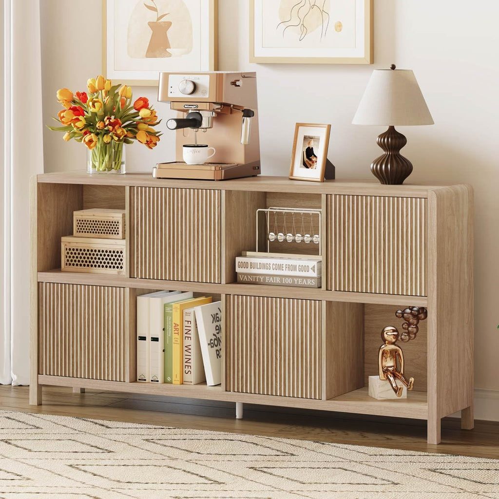 FATORRI 8 Cube Bookshelf with 4 Doors, Modern Mid Century Wood Book Shelf with Storage, Low Horizontal Cubby Bookcase for Home Office (Light Walnut)